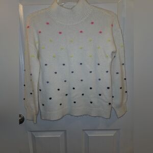 Women's Loft Polka Dot Sweater -Cream W/ Multicolor Dots, Mock Turtleneck, Sz MD